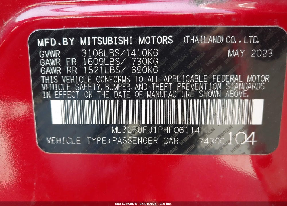 2023 MITSUBISHI MIRAGE G4 VIN: ML32FUFJ1PHF06114