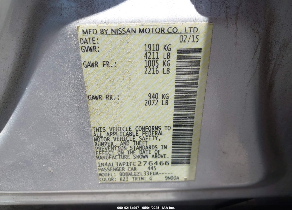 2015 NISSAN ALTIMA 2.5/2.5 S/2.5 SL/2.5 SV VIN: 1N4AL3AP1FC276466