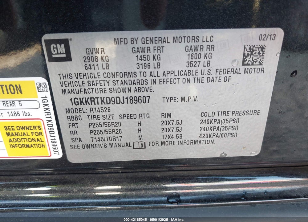 2013 GMC ACADIA DENALI VIN: 1GKKRTKD9DJ189607