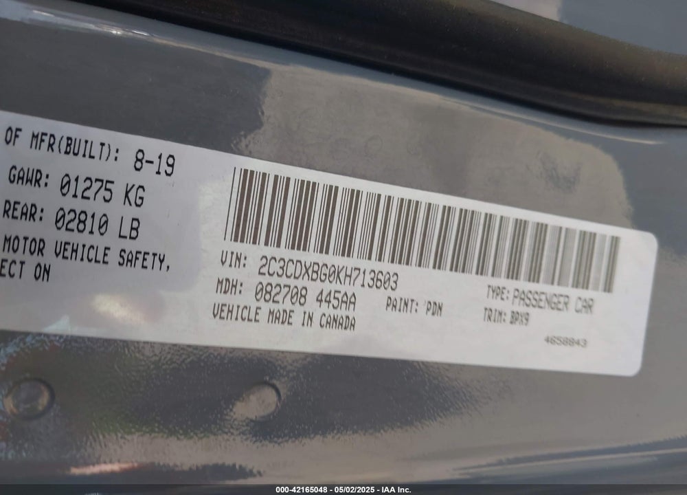 2019 DODGE CHARGER VIN: 2C3CDXBG0KH713603