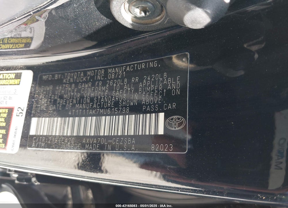 2021 TOYOTA CAMRY VIN: 4T1T11AK7MU615798