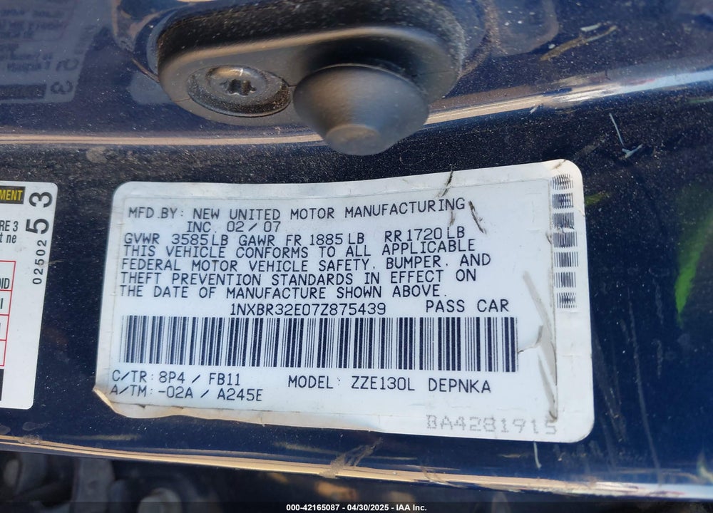 2007 TOYOTA COROLLA VIN: 1NXBR32E07Z875439