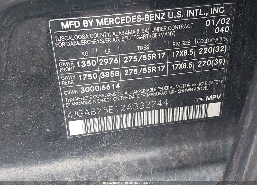 2002 MERCEDES-BENZ ML 500 VIN: 4JGAB75E12A332744
