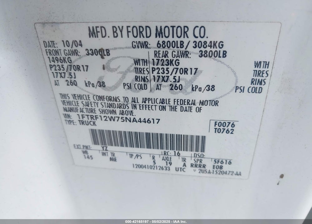 2005 FORD F-150 STX/XL/XLT VIN: 1FTRF12W75NA44617