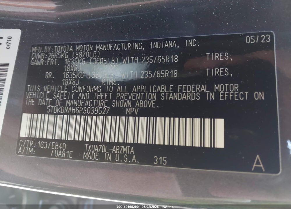 2023 TOYOTA HIGHLANDER VIN: 5TDKDRAH6PS039527