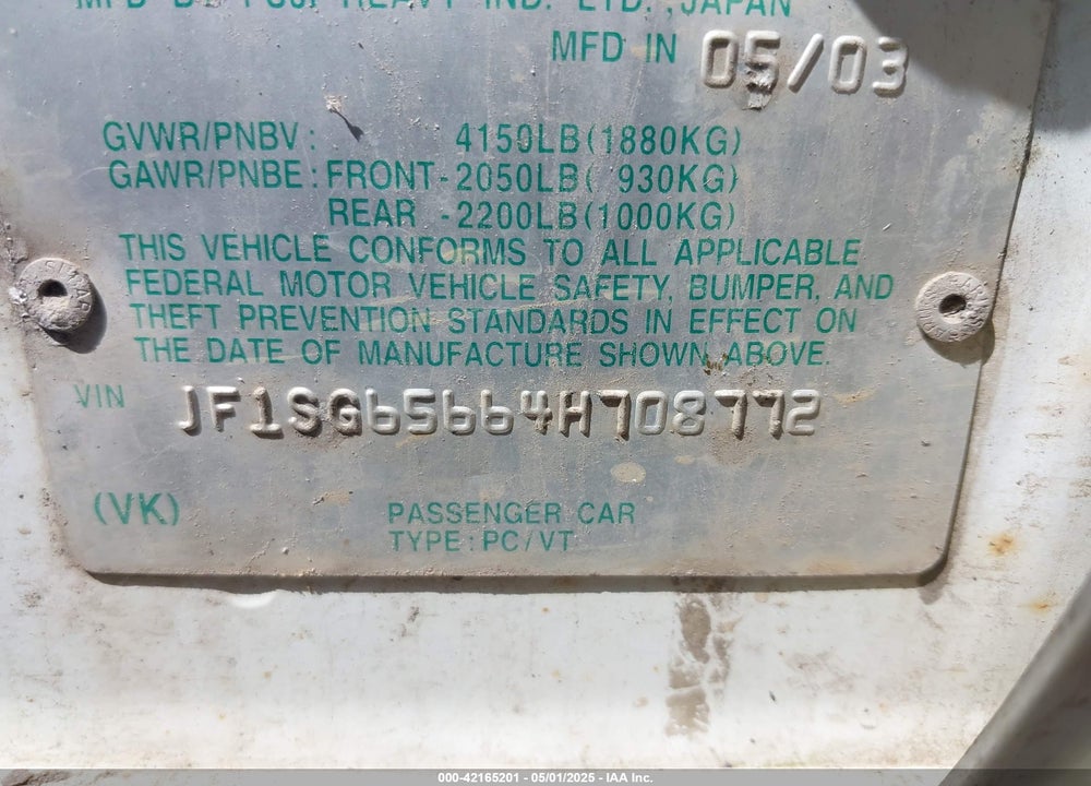2004 SUBARU FORESTER VIN: JF1SG65664H708772