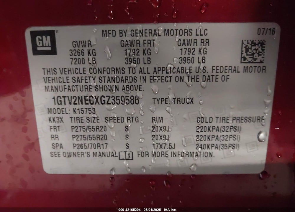 2016 GMC SIERRA VIN: 1GTV2NECXGZ359586