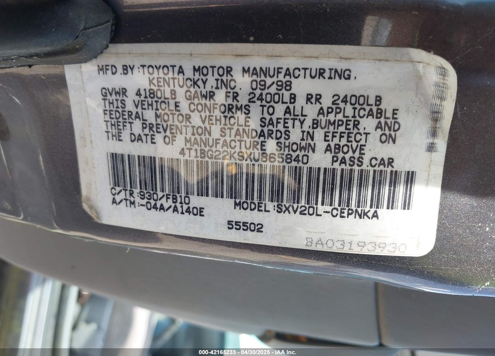 1999 TOYOTA CAMRY LE VIN: 4T1BG22K9XU865840