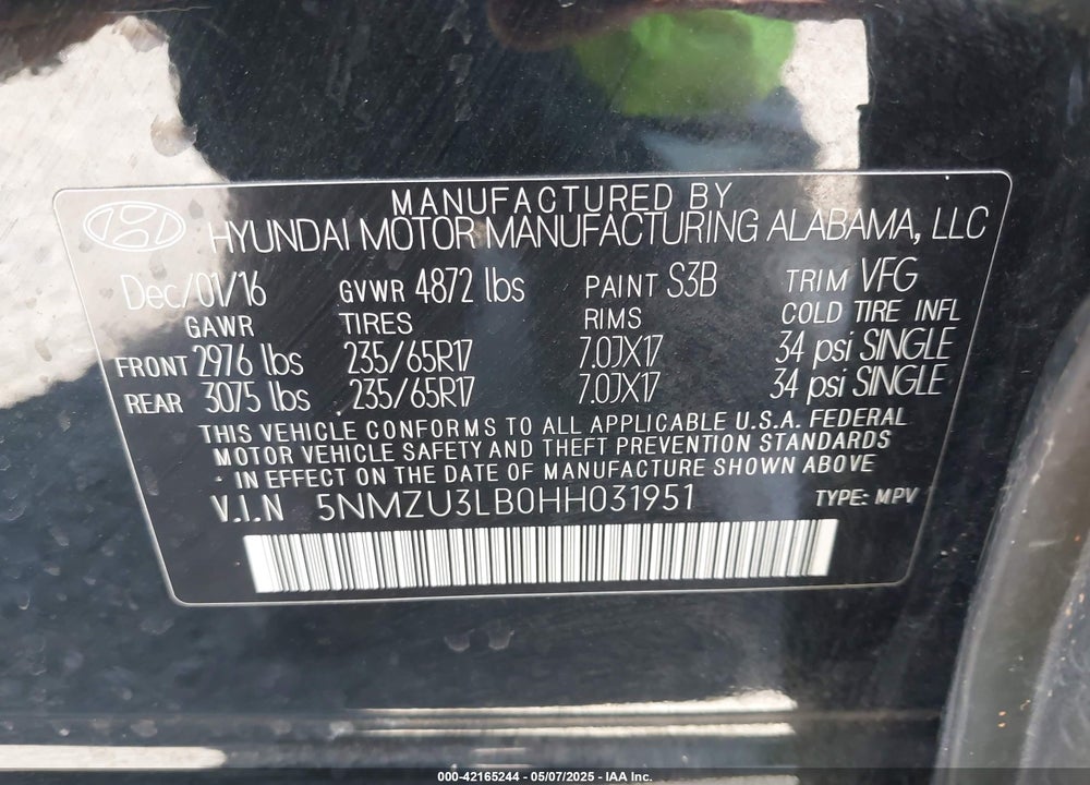 2017 HYUNDAI SANTA FE SPORT VIN: 5NMZU3LB0HH031951