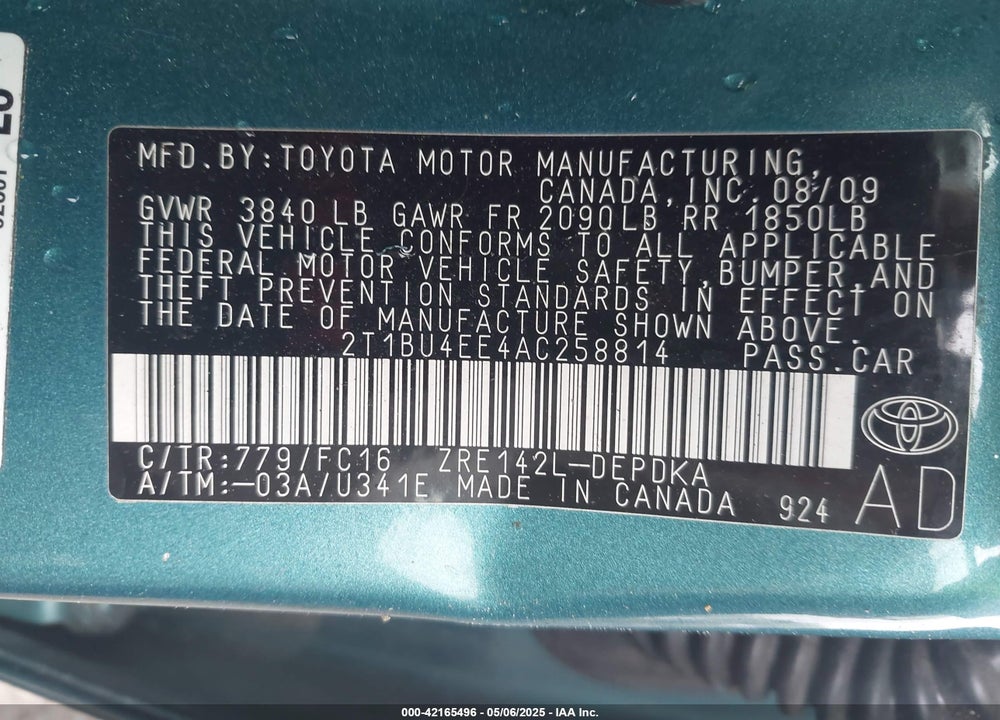 2010 TOYOTA COROLLA VIN: 2T1BU4EE4AC258814