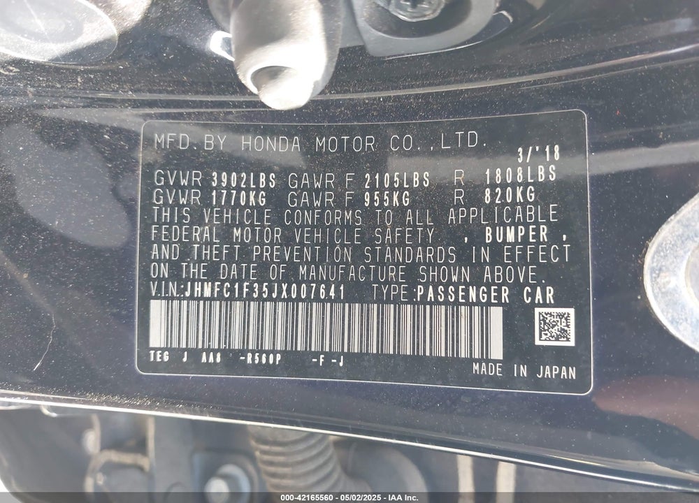 2018 HONDA CIVIC EX-T VIN: JHMFC1F35JX007641