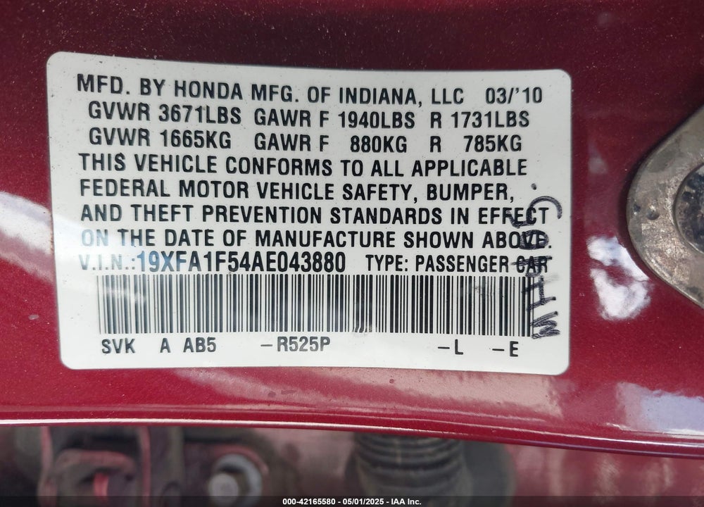 2010 HONDA CIVIC VIN: 19XFA1F54AE043880