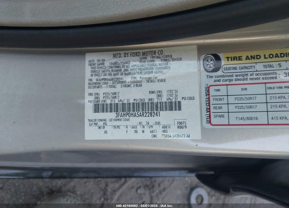 2010 FORD FUSION SE VIN: 3FAHP0HA5AR228241