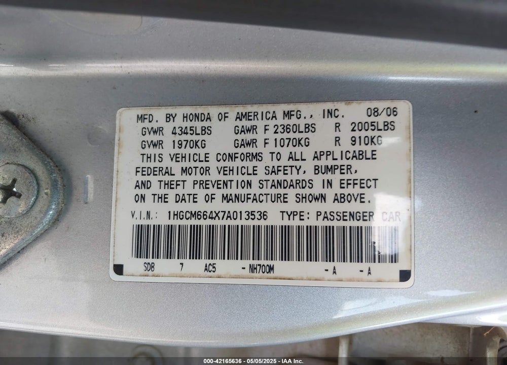 2007 HONDA ACCORD 3.0 SE VIN: 1HGCM664X7A013536