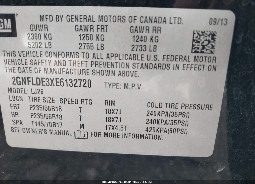 2014 CHEVROLET EQUINOX VIN: 2GNFLDE3XE6132720