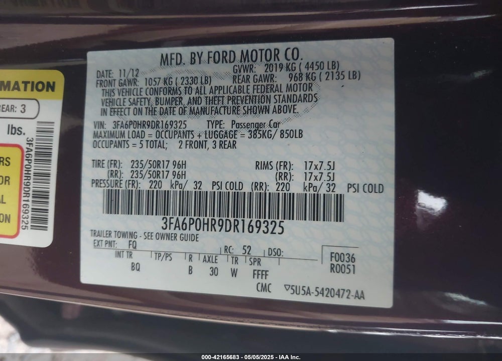 2013 FORD FUSION SE VIN: 3FA6P0HR9DR169325