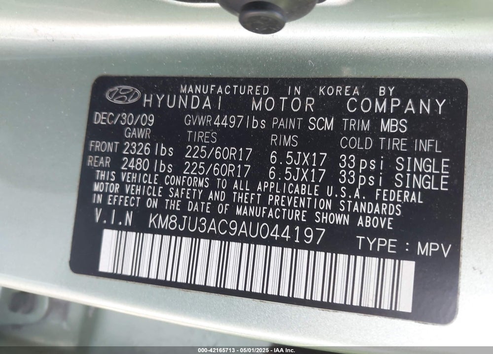 2010 HYUNDAI TUCSON VIN: KM8JU3AC9AU044197