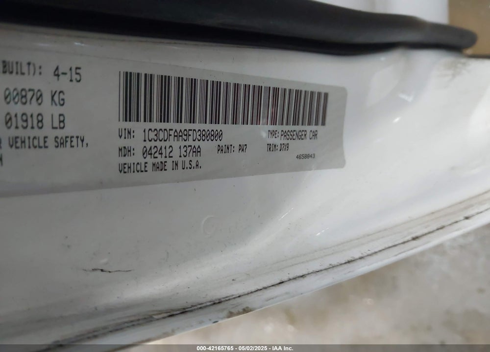 2015 DODGE DART VIN: 1C3CDFAA9FD380800