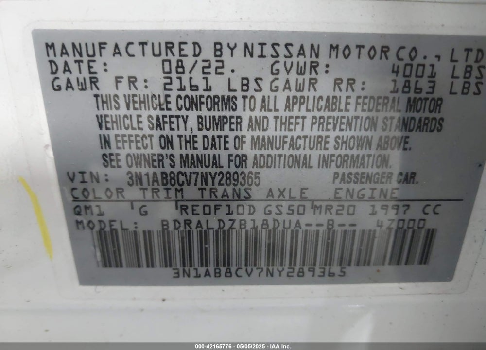 2022 NISSAN SENTRA VIN: 3N1AB8CV7NY289365