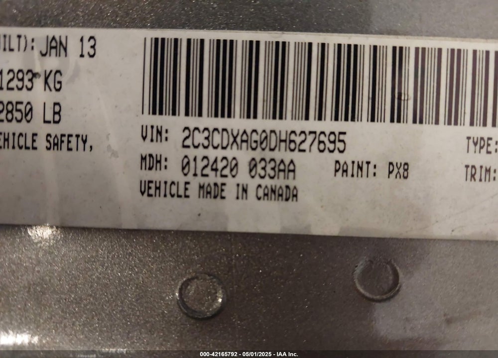 2013 DODGE CHARGER VIN: 2C3CDXAG0DH627695