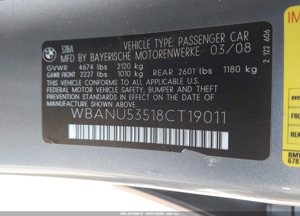 2008 BMW 528I VIN: WBANU53518CT19011