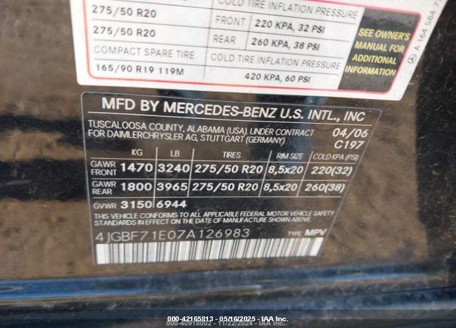 2007 MERCEDES-BENZ GL-CLASS VIN: 4JGBF71E07A126983