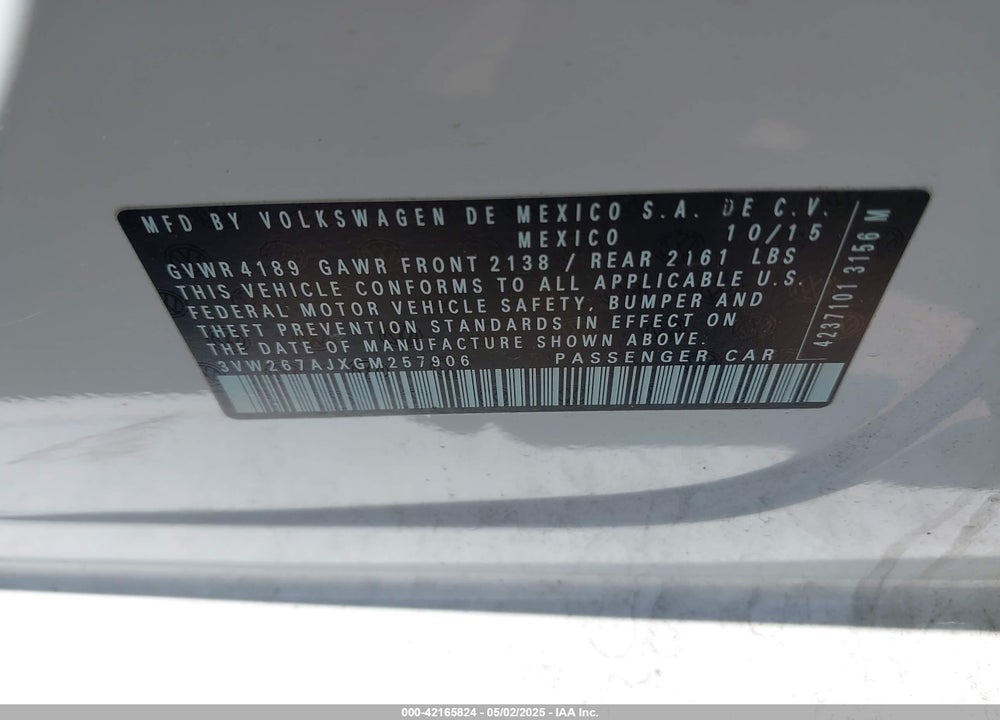 2016 VOLKSWAGEN JETTA VIN: 3VW267AJXGM257906