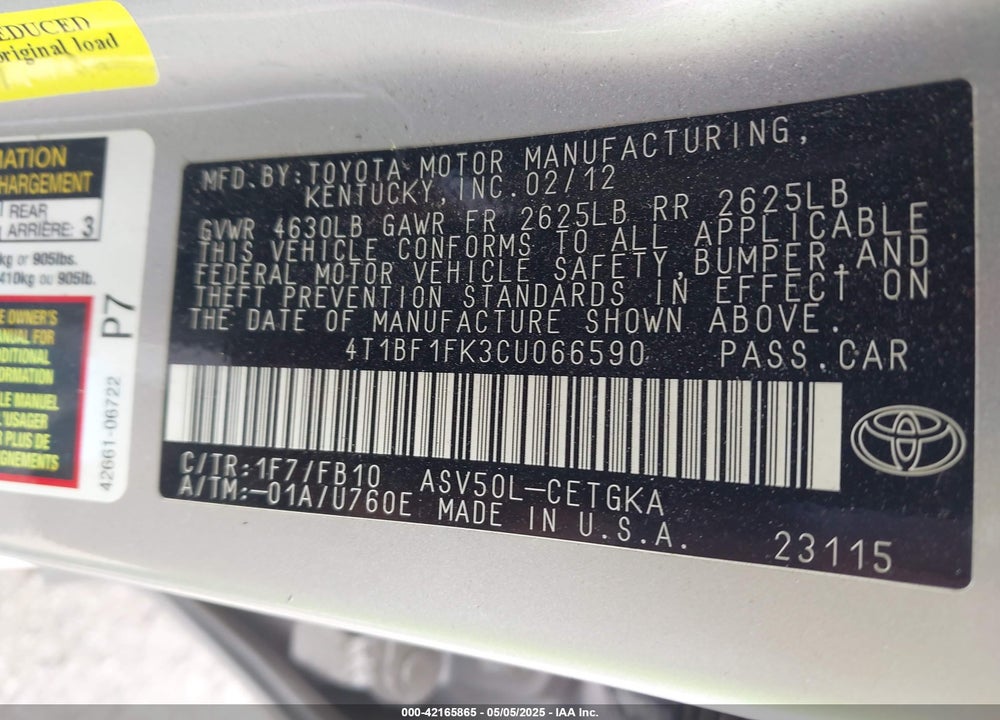 2012 TOYOTA CAMRY VIN: 4T1BF1FK3CU066590