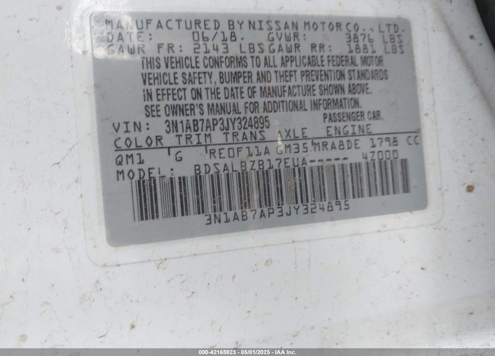 2018 NISSAN SENTRA VIN: 3N1AB7AP3JY324895