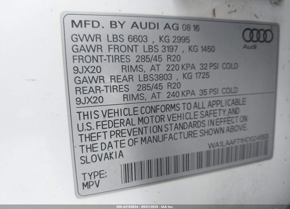 2017 AUDI Q7 3.0T PREMIUM VIN: WA1LAAF71HD024553