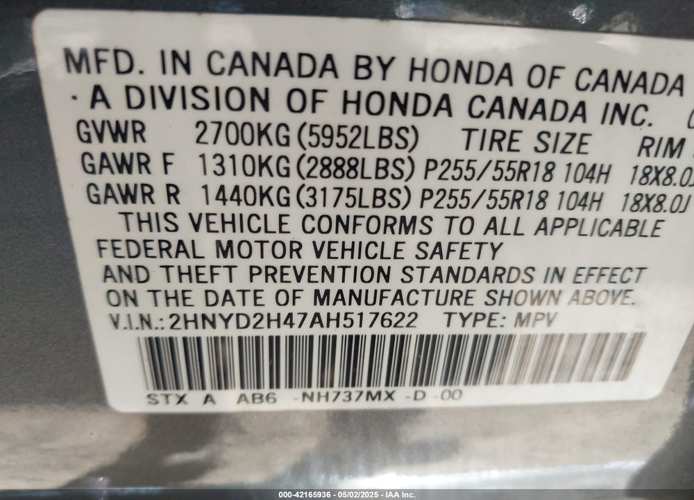 2010 ACURA MDX TECHNOLOGY PACKAGE VIN: 2HNYD2H47AH517622