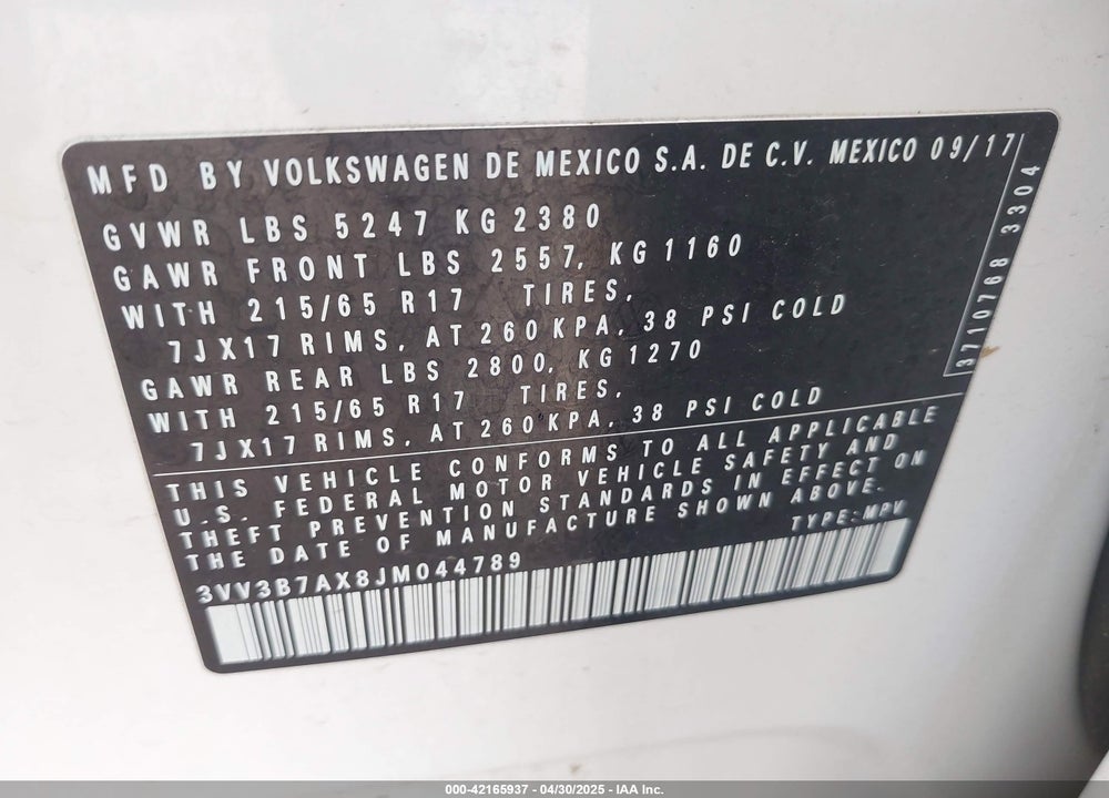 2018 VOLKSWAGEN TIGUAN 2.0T SE/2.0T SEL VIN: 3VV3B7AX8JM044789