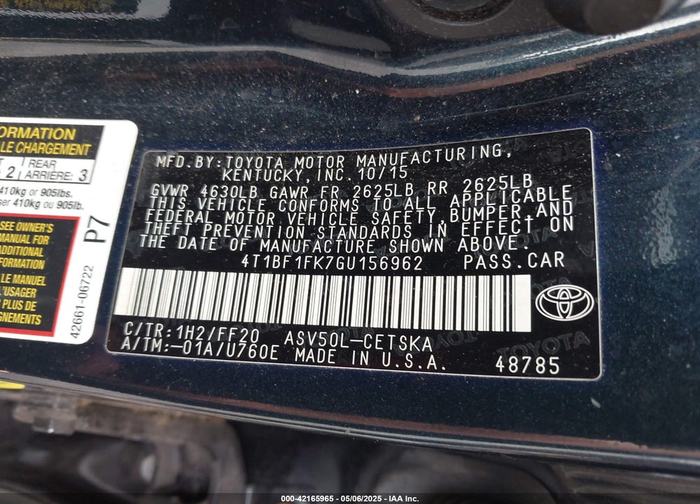 2016 TOYOTA CAMRY VIN: 4T1BF1FK7GU156962