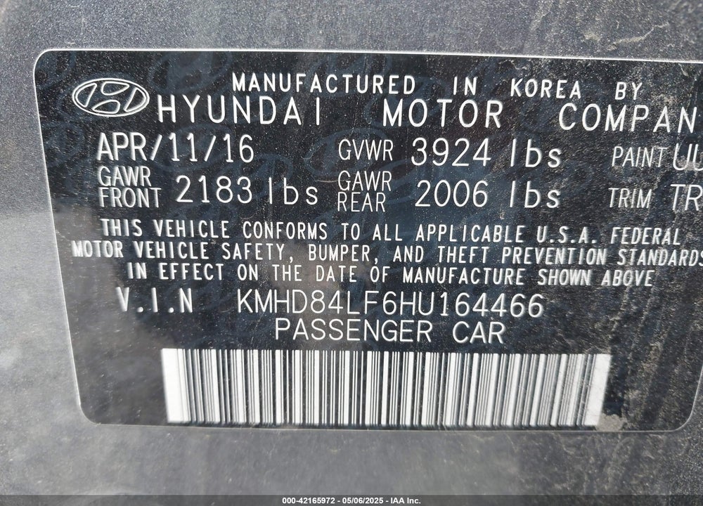2017 HYUNDAI ELANTRA LIMITED VIN: KMHD84LF6HU164466