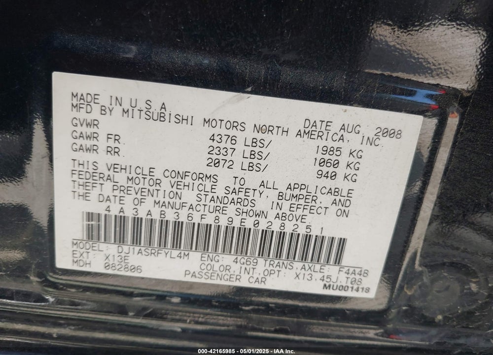 2009 MITSUBISHI GALANT ES/SPORT EDITION VIN: 4A3AB36F89E028251