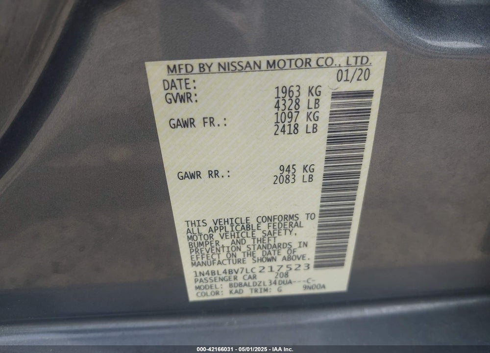 2020 NISSAN ALTIMA S FWD VIN: 1N4BL4BV7LC217523
