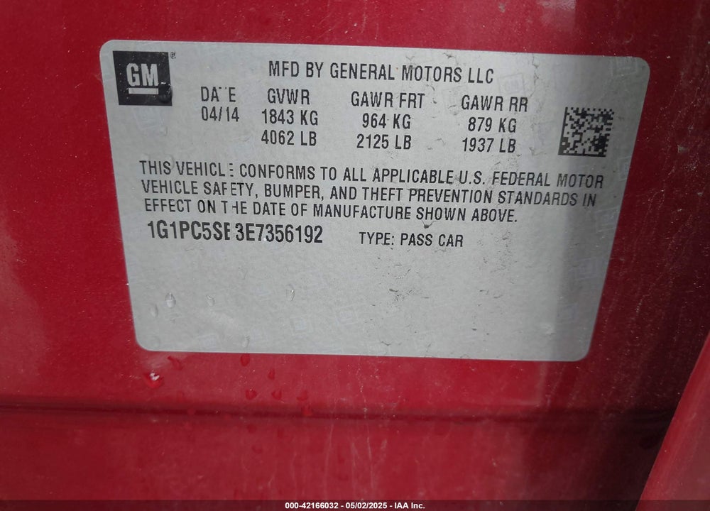 2014 CHEVROLET CRUZE 1LT AUTO VIN: 1G1PC5SB3E7356192
