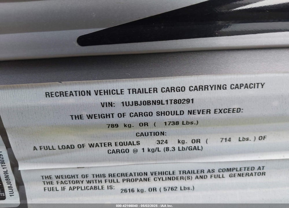 2020 JAYCO OTHER VIN: 1UJBJ0BN9L1T80291