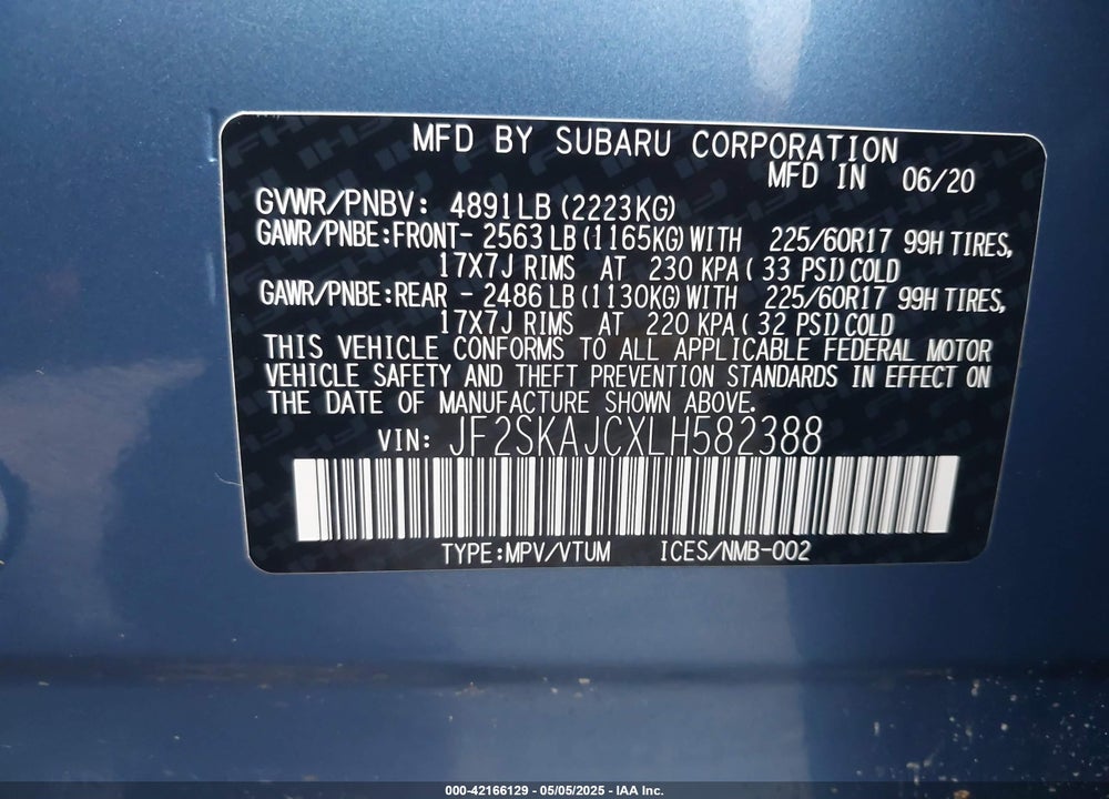2020 SUBARU FORESTER PREMIUM VIN: JF2SKAJCXLH582388