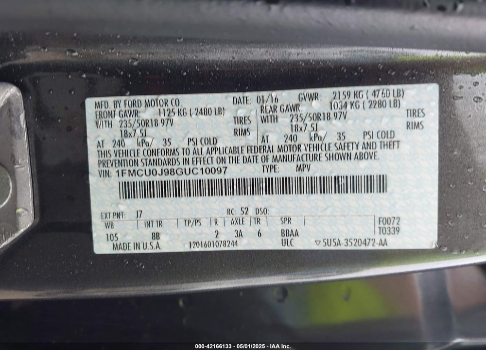 2016 FORD ESCAPE TITANIUM VIN: 1FMCU0J98GUC10097