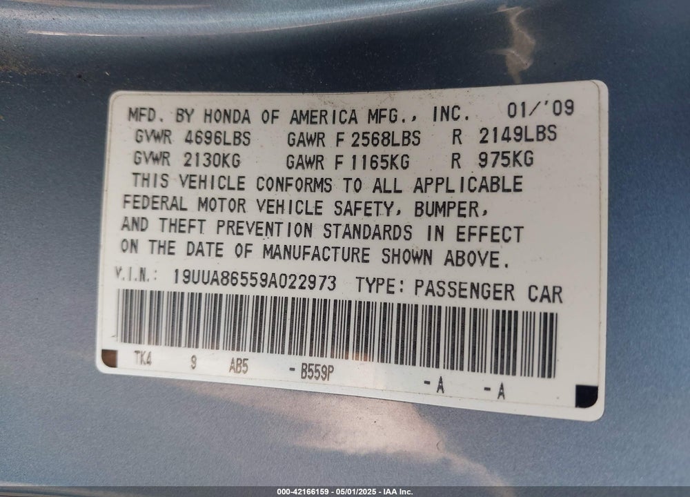 2009 ACURA TL VIN: 19UUA86559A022973