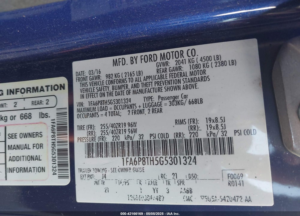 2016 FORD MUSTANG VIN: 1FA6P8TH5G5301324