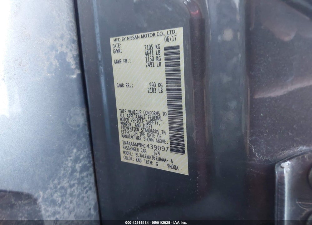 2017 NISSAN MAXIMA VIN: 1N4AA6AP9HC439097