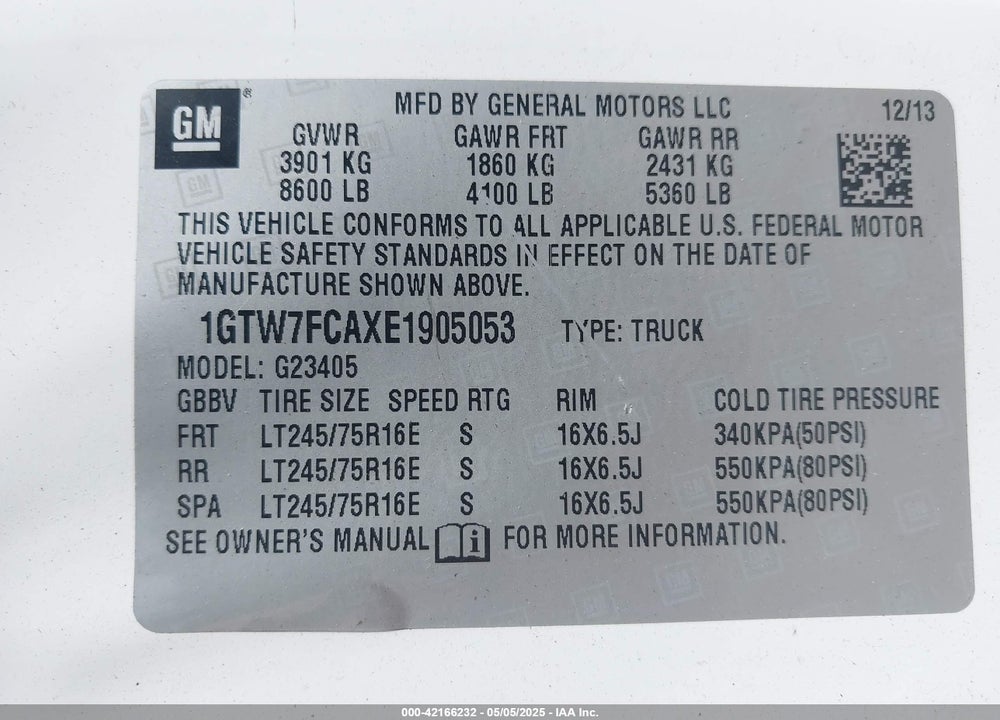2014 GMC SAVANA 2500 VIN: 1GTW7FCAXE1905053