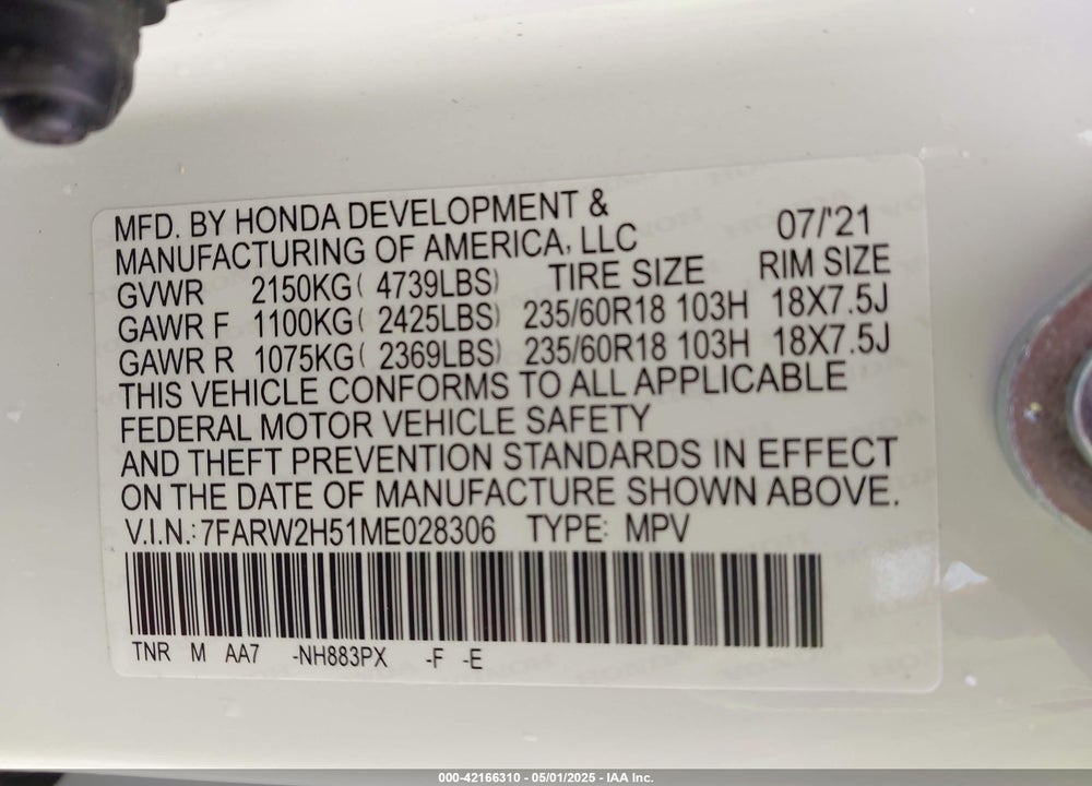 2021 HONDA CR-V VIN: 7FARW2H51ME028306