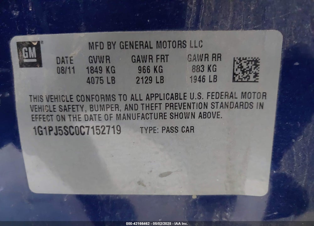 2012 CHEVROLET CRUZE VIN: 1G1PJ5SC0C7152719