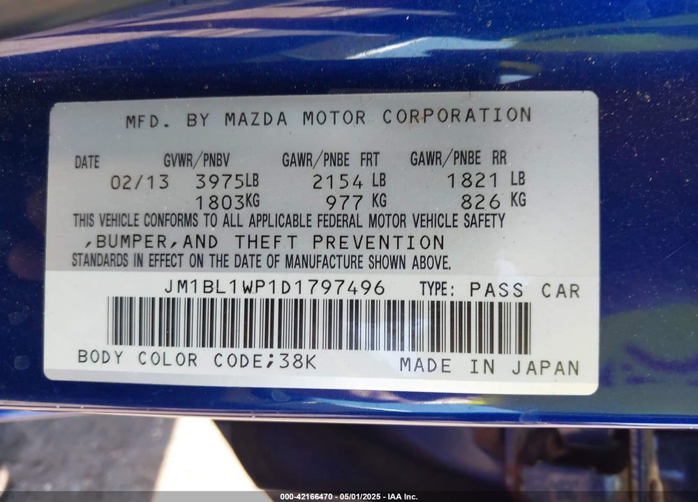 2013 MAZDA MAZDA3 VIN: JM1BL1WP1D1797496