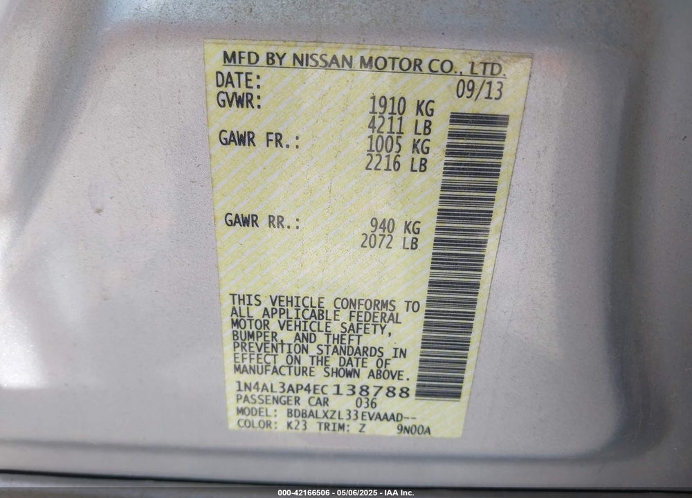 2014 NISSAN ALTIMA 2.5 SL VIN: 1N4AL3AP4EC138788