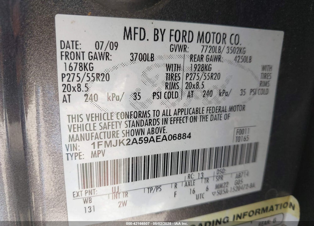 2010 FORD EXPEDITION EL VIN: 1FMJK2A59AEA06884