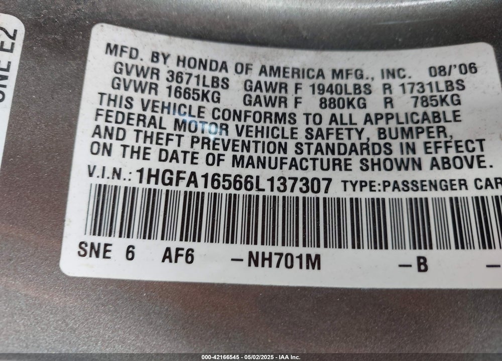 2006 HONDA CIVIC LX VIN: 1HGFA16566L137307